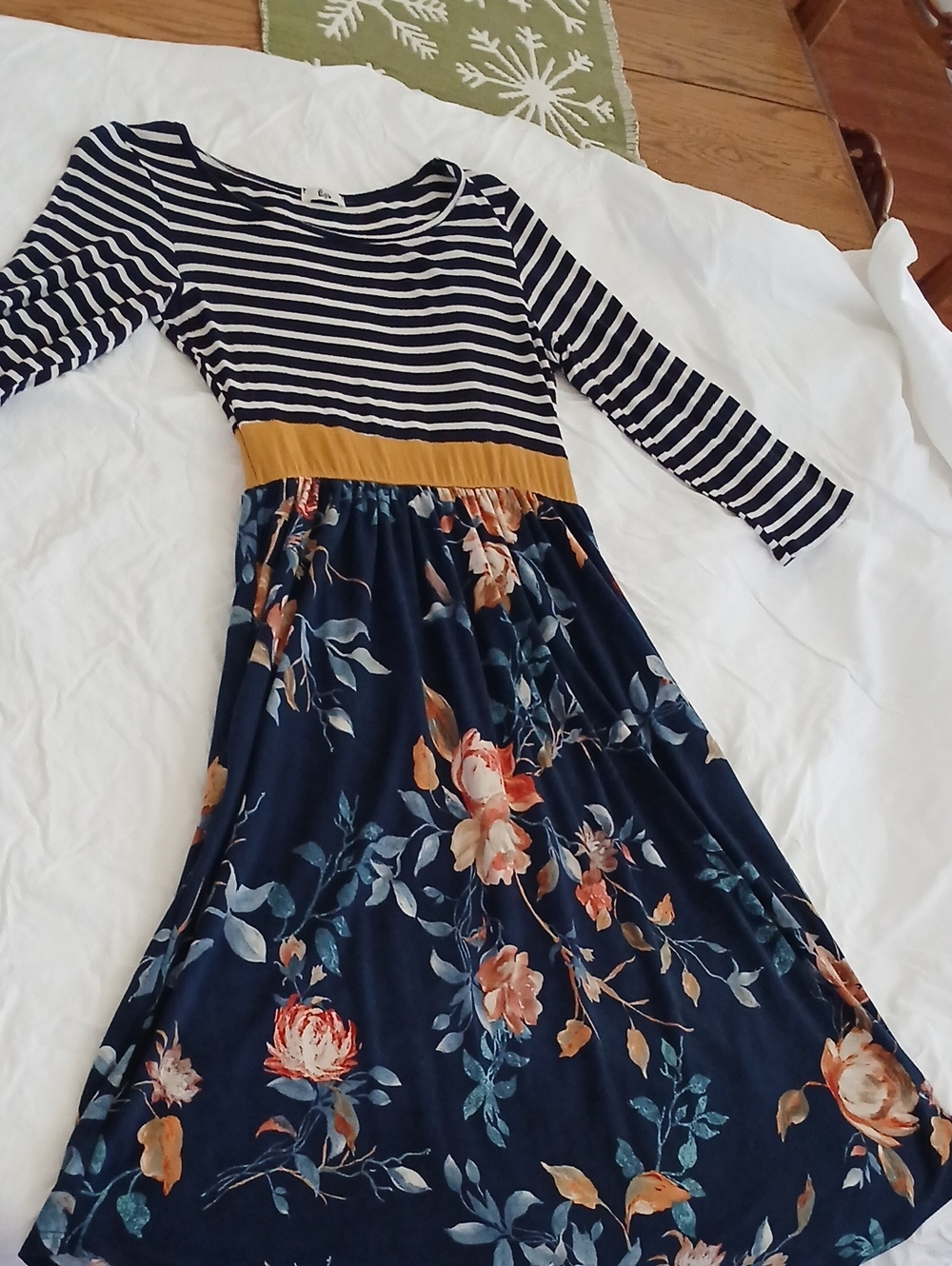 Girls Navy Floral & Stripe Casual Dress with Mustard Waist & Pockets!